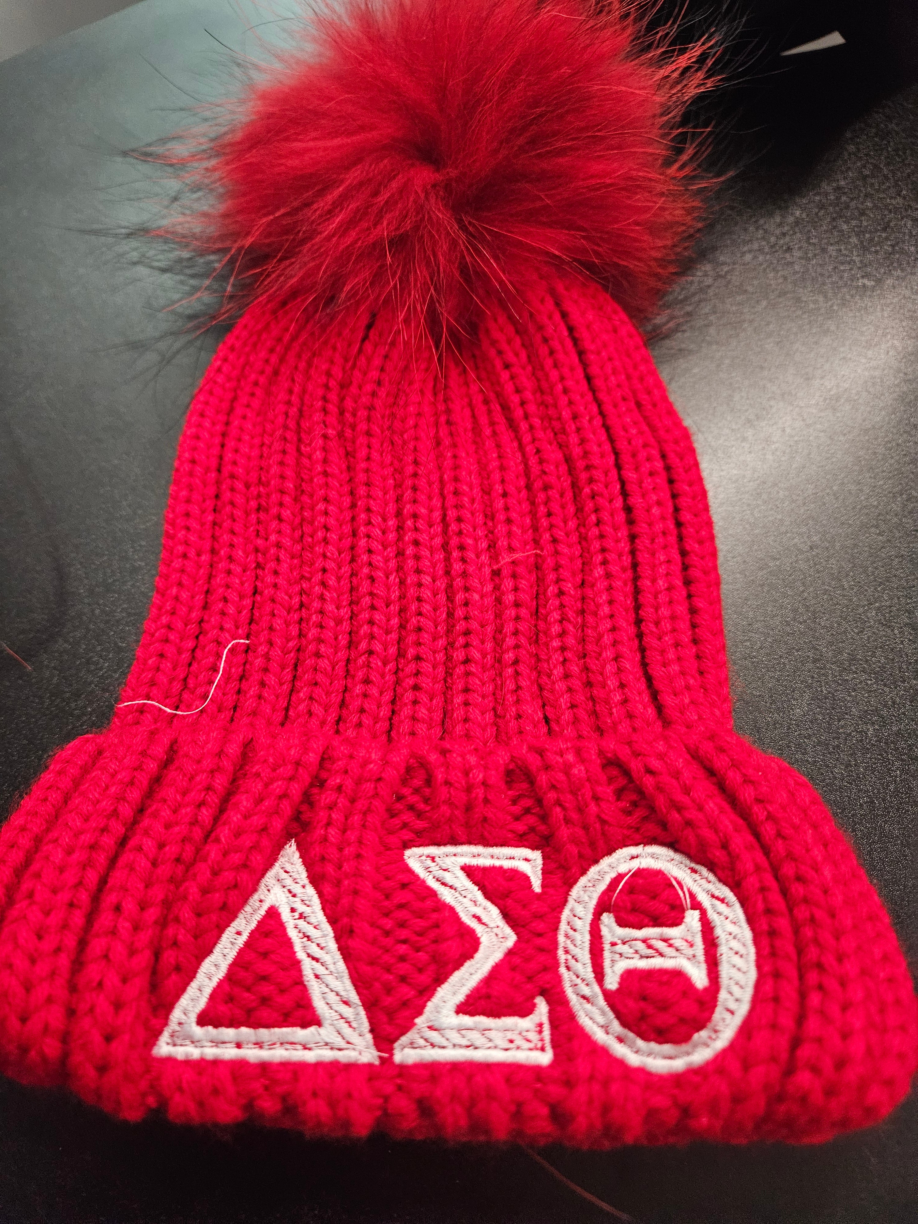 Delta Sigma Theta Winter Hat with faux Ref Fur puff