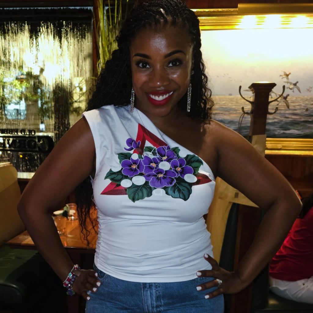 Violets & Pearls One shoulder shirt